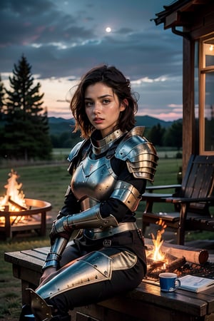 a young woman sitting next to a bonfire at night, looking away, knight armor, front view, soft smile, short hair