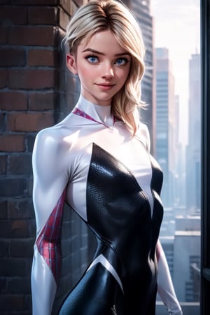 (Alone:1.5), (Solo:1.5), ((Medium full shot:1.5)), realistic, masterpiece,best quality,High definition, (realistic lighting, sharp focus), high resolution,volumetric light, outdoors, dynamic pose, BREAK, a 25 years old woman, Spider_gwen.gwen_ stacy,spider_girl,comic, spidergirl, hair movement, blond_hair,blue_eyes, focus face,  looking at viewe, Smile,gwen