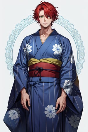 adult Man, Red hair Long and silky, Green eyes, Standing, wearing blue Yukata, muscle