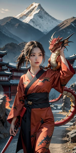 masterpiece, ultra hd, 8k, hdr, dynamic, warm color, hyper realistic, 1 girl, focus on girl, 1 dragon, fire breathing, dynamic pose, walking, perfect face,Detailedface, cute face, looking at dragon, clivage,perfect body, traditional japanese kimono, ((red, black, dragon pattern, cloth)) ,katana, weapon holding, katana holding, 1 dragon, mountain background,3DMM, 