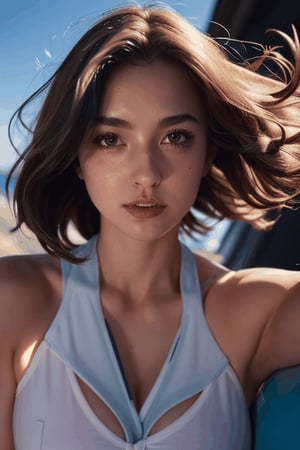 1girl, big_boobies, sexy pose, wind hair,short_hair, cleavage cutout,  Beach, outdoors, waves, windy day, hair blowing in the wind, Cute 18-year-old girl face, dynamic body,Sunlight, beautiful shadows, face focus, Bright face, sparkling eyes, glossy lips, 