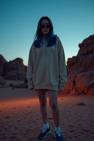 A young mix korean woman with a long, layered haircut and beige hoodie stands in a three-quarter view on sandy terrain, surrounded by rocky formations under a clear sky,
 now illuminated by a warm, low-key neon glow at night, as she gazes directly at the camera with an air of mystery, her left hand on her hip, wearing black sunglasses, blue sneakers with textured soles, and a hint of blue highlights in her hair, evoking the moody, cinematic style of Wong Kar-wai, with a shallow depth of field, subtle film grain, and muted color grading, shot with a mix of cool and warm tones, and a slight vignette, as if captured on 35mm film.