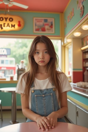 Portrait MagMix Girl look at camera, long hair, Overalls, Retro ice cream parlor with pastel-colored walls, a classic soda fountain counter, and vintage ice cream posters, bathed in warm sunlight, analog film photo, Kodachrome.