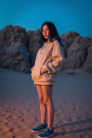 A young mix korean woman with a long, layered haircut and beige hoodie stands in a three-quarter view on sandy terrain, surrounded by rocky formations under a clear sky,
 now illuminated by a warm, low-key neon glow at night, as she gazes directly at the camera with an air of mystery, her left hand on her hip, wearing glasses, blue sneakers with textured soles, and a hint of blue highlights in her hair, evoking the moody, cinematic style of Wong Kar-wai, with a shallow depth of field, subtle film grain, and muted color grading, shot with a mix of cool and warm tones, and a slight vignette, as if captured on 35mm film, 