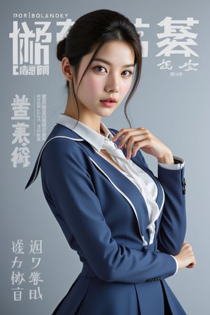 Realistic photograph, A high-fashion magazine cover featuring a close-up, upper-body shot of a beautiful Japanese female model with an enhanced bust size, confidently posing with elegance. sexy school uniform, blue skirt, blurry background. Her sharp yet graceful facial features are highlighted, and she wears a stylish, modern outfit that accentuates her figure while maintaining a sophisticated and polished look. The background is a neutral gray with professional, magazine-quality lighting that enhances her photorealistic skin texture. The overall composition combines high-end fashion photography with captivating frame the model's pose, drawing attention to her beauty and presence. The cover reflects sophistication, confidence, and modern fashion, with the aesthetic enhances the visual impact. light gray background, simple background, 