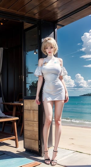 lanky legs, legs apart, presenting legs, leg open, a beautiful young girl, blonde, (hi-top fade:1.3), sunshine, seaside, (huge breast:1.1), Wlop, ph bronya,