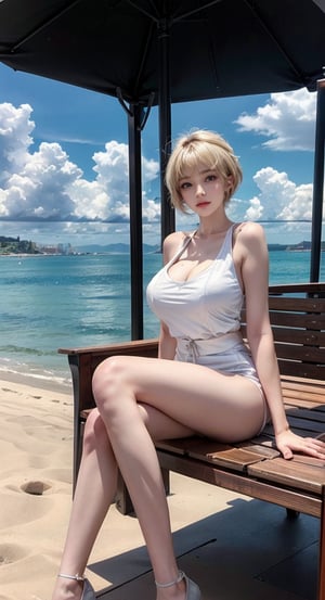 lanky legs, legs apart, presenting legs, leg open, a beautiful young girl, blonde, (hi-top fade:1.3), sunshine, seaside, (huge breast), Wlop, ph bronya,