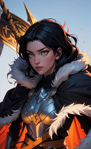 One woman, black_hair, yellow_eyes, viking armor, fur cape, holding exa