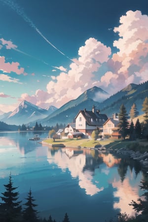 masterpiece, best quality , house, Germany, mountains background, pine tree, beautiful scenery, lake, heavenly cloudy,