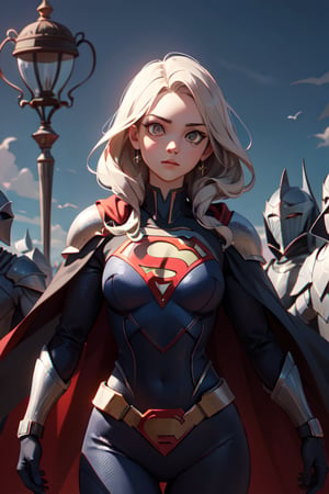 Highres, best quality, extremely detailed, female knight, supergirl, black armor, black cape, flying, white eyes, overlooking an army, horror style, area lighting, hourglass_figure, HD, 8k