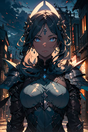 ((Masterpiece, highly detailed, extremely detailed, beautiful, HD)), (extremely detailed CG unity 8k wallpaper, masterpiece, best quality, ultra-detailed, best shadow), (detailed background), (beautiful detailed face, beautiful detailed eyes), area lighting, hourglass_figure, HD, 8k, 1lady, looking up, fire sky, knight, armor 