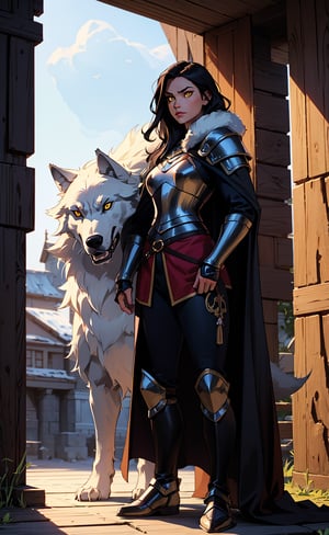 One woman, black_hair, yellow_eyes, viking armor, fur cape, holding exa, standing next to a giant wolf