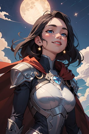 ((Masterpiece, highly detailed, extremely detailed, beautiful, HD)), 1lady, area lighting, hourglass_figure, HD, 8k, supergirl, long_cape, knight black armor, black_hair, blueeyes, cloud, flying, moon, night, stars, looking up, closed_eyes, smile