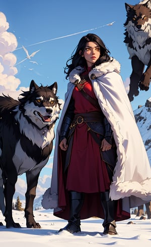 One woman, black_hair, yellow_eyes, viking armor, fur cape, holding exa, standing next to a giant wolf