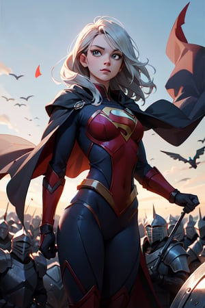 Highres, best quality, extremely detailed, female knight, supergirl, black armor, black cape, flying, white eyes, overlooking an army, horror style, area lighting, hourglass_figure, HD, 8k