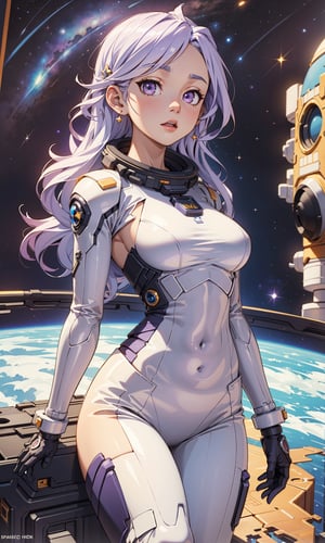 ((Masterpiece, highly detailed, extremely detailed, beautiful, HD)), 1lady, outer_space, space_station, space_suit, space_pants, star_(sky), area lighting, hourglass_figure, HD, 8k, long white_hair, light_purple_eyes