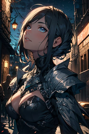 ((Masterpiece, highly detailed, extremely detailed, beautiful, HD)), (extremely detailed CG unity 8k wallpaper, masterpiece, best quality, ultra-detailed, best shadow), (detailed background), (beautiful detailed face, beautiful detailed eyes), area lighting, hourglass_figure, HD, 8k, 1lady, looking up, dark sky, knight, armor 