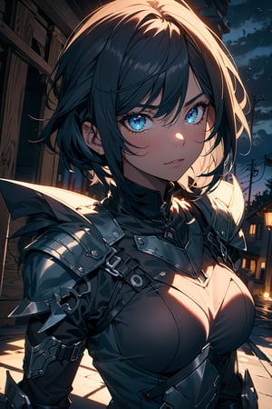 ((Masterpiece, highly detailed, extremely detailed, beautiful, HD)), (extremely detailed CG unity 8k wallpaper, masterpiece, best quality, ultra-detailed, best shadow), (detailed background), (beautiful detailed face, beautiful detailed eyes), area lighting, hourglass_figure, HD, 8k, 1lady, looking up, dark sky, knight, armor, black short hair, blueeyes