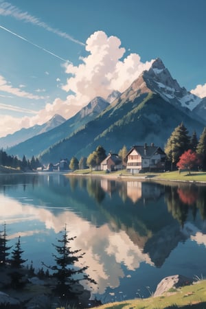 masterpiece, best quality , house, Germany, mountains background, pine tree, beautiful scenery, lake, heavenly cloudy,