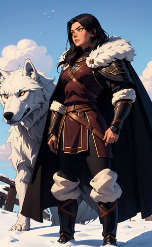 One woman, black_hair, yellow_eyes, viking armor, fur cape, holding exa, standing next to a giant wolf