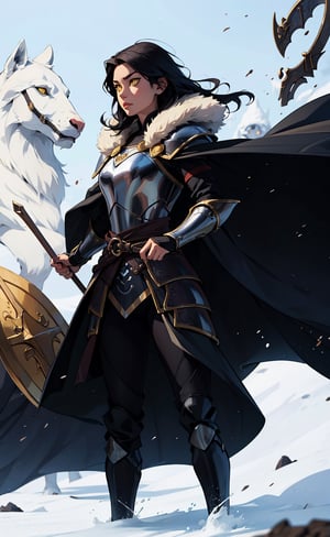 One woman, black_hair, yellow_eyes, viking armor, fur cape, holding exa