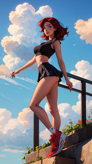 Windy hair, clouds, 1woman, light smile, almond eyes, light blue_eyes, red hair, past the waist, black hair with bangs, black crop top, mini pleated skirt, big breasts, beautiful face, perfect body, prefect ass, perfect legs, perfect hand, perfect feet, perfect arms, seductive look, sexy eyes, nike shoes, solo, full lips, full_body,SAM YANG