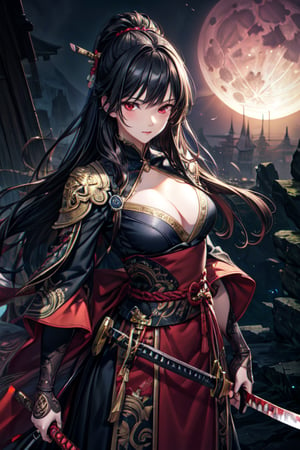 masterpiece, best quality, 1male, solo, ultra-detailed, very detailed illustrations, extremely detailed, intricate details, highres, super complex details, extremely detailed 8k cg wallpaper, low angle shot, caustics,reflection,rays,black hair,causal outfit,red eyes,bloody full moon night,katana in hand,