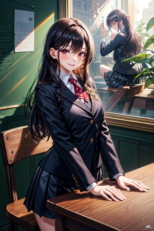 masterpiece, best quality, 1girl, solo, ultra-detailed, very detailed illustrations, extremely detailed, intricate details, highres, super complex details, extremely detailed 8k cg wallpaper, cowboy shot, caustics,reflection,rays,sitting on the table,long black hair,smile,school blazer uniform ,red eyes,school environment background