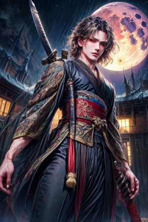 masterpiece, best quality, 1male, solo, ultra-detailed, very detailed illustrations, extremely detailed, intricate details, highres, super complex details, extremely detailed 8k cg wallpaper, low angle shot, caustics,reflection,rays,causal outfit,red eyes,bloody full moon night,katana in hand,