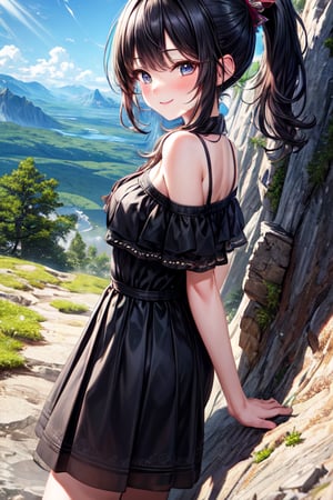 masterpiece, best quality, 1girl, solo, ultra-detailed, very detailed illustrations, extremely detailed, intricate details, highres, super complex details, extremely detailed 8k cg wallpaper, low angle shot, caustics,reflection,rays,long black hair,pony tail,smile,blush,hiking in mountains,mountain background