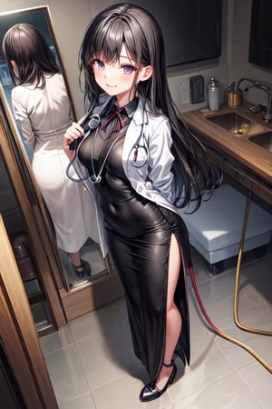 masterpiece, best quality, 1girl, solo, ultra-detailed, very detailed illustrations, extremely detailed, intricate details, highres, super complex details, extremely detailed 8k cg wallpaper, low angle shot, caustics,reflection,rays,long black hair,doctor dress,stethoscope in neck,full body view,smile,blush,medical background