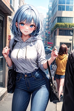 masterpiece, best quality, 1girl, solo, ultra-detailed, very detailed illustrations, extremely detailed, intricate details, highres, super complex details, extremely detailed 8k cg wallpaper, caustics,reflection,rays,long blue hair,blue eyes,smile,blush,hoodie and jeans,bag pack,street background,no_humans,scenery