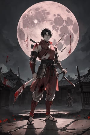 masterpiece(1.2),1men,adult,fantasylooking at viewer,clear face,samurai red outfit,katana in right hand,standing position,full body,full moon,bloody background,perfect face,full detail,best high quality
