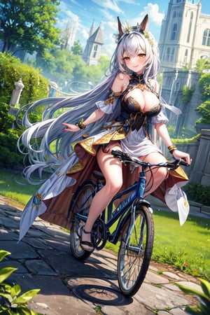 masterpiece, best quality, 1girl, solo, ultra-detailed, very detailed illustrations, extremely detailed, intricate details, highres, super complex details, extremely detailed 8k cg wallpaper, low angle shot, caustics,reflection,rays,long white hair,yellow and golden eyes,full body view,smile,blush,desent dress,riding a lady cycle,garden background,no_humans,scenery