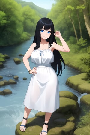 masterpiece,best high quality,1girl(1:1),black hair,blue eyes,perfect face,smile,long hair upto hip,traditional sandal,white summer outfit,standing position,beautiful forest and river landscape