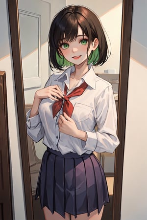 masterpiece(1.2),best high quality,full detailed,1girl,standing in front of mirror,smile,school uniform,short hair,green eyes,perfect face,cute