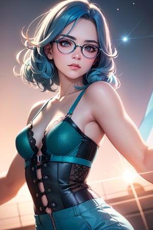 (realistic:1.2), (masterpiece, best quality, ultra-detailed), (beautiful detailed face, beautiful detailed eyes, volumetric lighting),1girl, solo, (dutch angle:1.3), (blue hair, grey eyes:1.4), small breasts, perm hair, (aquamarine jumpsuit, teal bustier:1.2), monocle,mksks style, (beautiful detailed hill, noon:1.2), (light particles, lens flare, chromatic aberration:1.3),