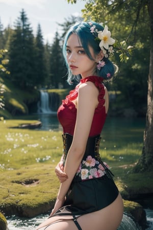 blue_hair, butterfly, corset dress, long straight hair, angel sitting in waterfall. lily flowers, butterfly hairpin, blue eyes