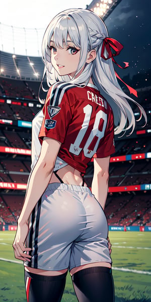 1girl,solo, looking at viewer, football soccer pitch background, long silver hair , parted lips, light smile, dark eyes, football jersey, red ribbon on hair, hands behind back, posing