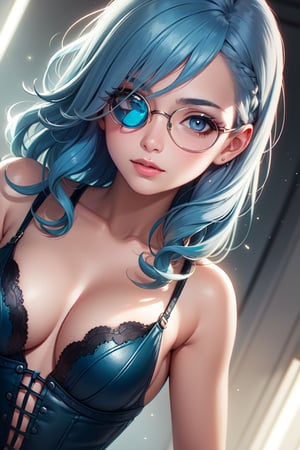 (realistic:1.2), (masterpiece, best quality, ultra-detailed), (beautiful detailed face, beautiful detailed eyes, volumetric lighting),1girl, solo, (dutch angle:1.3), (blue hair, grey eyes:1.4), small breasts, perm hair, (aquamarine jumpsuit, teal bustier:1.2), monocle,mksks style, (beautiful detailed hill, noon:1.2), (light particles, lens flare, chromatic aberration:1.3),