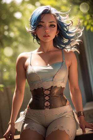 (realistic:1.2), (masterpiece, best quality, ultra-detailed), (beautiful detailed face, beautiful detailed eyes, volumetric lighting),1girl, solo, (dutch angle:1.3), (blue hair, grey eyes:1.4), small breasts, perm hair, (aquamarine jumpsuit, teal bustier:1.2), monocle,mksks style, (beautiful detailed hill, noon:1.2), (light particles, lens flare, chromatic aberration:1.3),