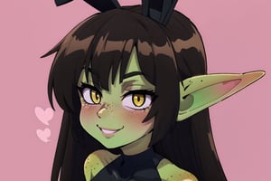 female goblin, (dark hair, black_hair, hime cut, long_hair), yellow eyes, freckles, (colored skin, green_skin), green skin color, blushing, 1girl, smiling, Waifu, black Bunny suit, simple pink background, wagashi, Bunny suit, pointy ears, heart ,wagashi