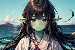 female goblin, (dark hair, black_hair, hime cut, long_hair), wet hair, (cleric clothes, white robes) 1girl, freckles, (colored skin, green_skin), looking at viewer, gobgirlz, green skin color, floating on an ocean, close up, floating