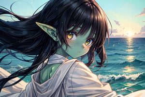 female goblin, (dark hair, black_hair, hime cut, long_hair), (cleric clothes, white robes) yellow eyes, 1girl, freckles, (colored skin, green_skin), looking at viewer, gobgirlz, green skin color, floating on an ocean, close up, back floating