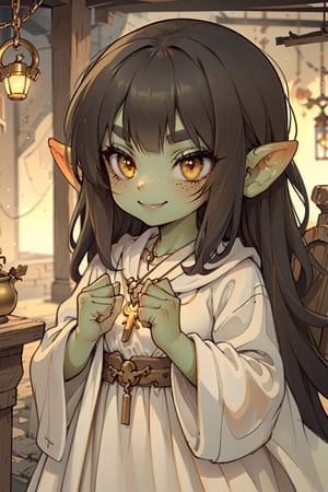 female goblin,(colored skin, green_skin), (dark hair, black_hair, hime cut, long_hair), (cleric clothes, white robes, golden pendants) golden_eyes, 1girl, solo_female, best quality, freckles, smile, goblin girl, medieval fantasy, clenched hands