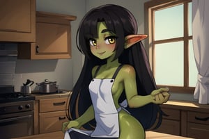 female goblin, (dark hair, black_hair, hime cut, long_hair), yellow eyes, freckles, (colored skin, green_skin), green skin color, blushing, 1girl, smiling, wagashi, wearing only a white apron, inside an old medieval kitchen, ,naked apron