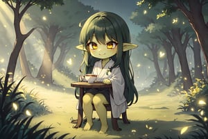 female green skin goblin,(colored skin, green_skin), (dark hair, black_hair, hime_cut, long_hair), golden_eyes, 1girl, solo_female, best quality, freckles, smile, (cleric clothes, white robes), ARTby Noise, gobgirlz, firefliesfireflies, drinking tea in a forest at night, small chair and table, little cup,