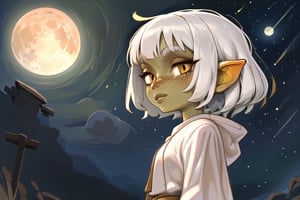 1girl, old green goblin female, golden eyes, white robes, freckles, hime cut, long hair, white hair, walking in a hill, looking at the moon in a dark starry night, undercut hair, clear skies, lots of stars, low angle