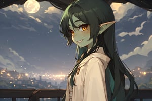 female green skin goblin,(colored skin, green_skin), (dark hair, black_hair, hime_cut, long_hair), golden_eyes, 1girl, solo_female, best quality, freckles, smile, (cleric clothes, white robes) gobgirlz, looking at the night sky,ARTby Noise, side view, Night scene