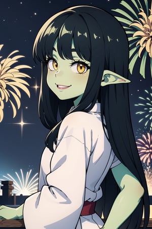A cute female goblin watching fireworks in new year, green skin, long black hair, yellow eyes, hime cut, looking at viewer from the side, white traditional cleric clothes, smile